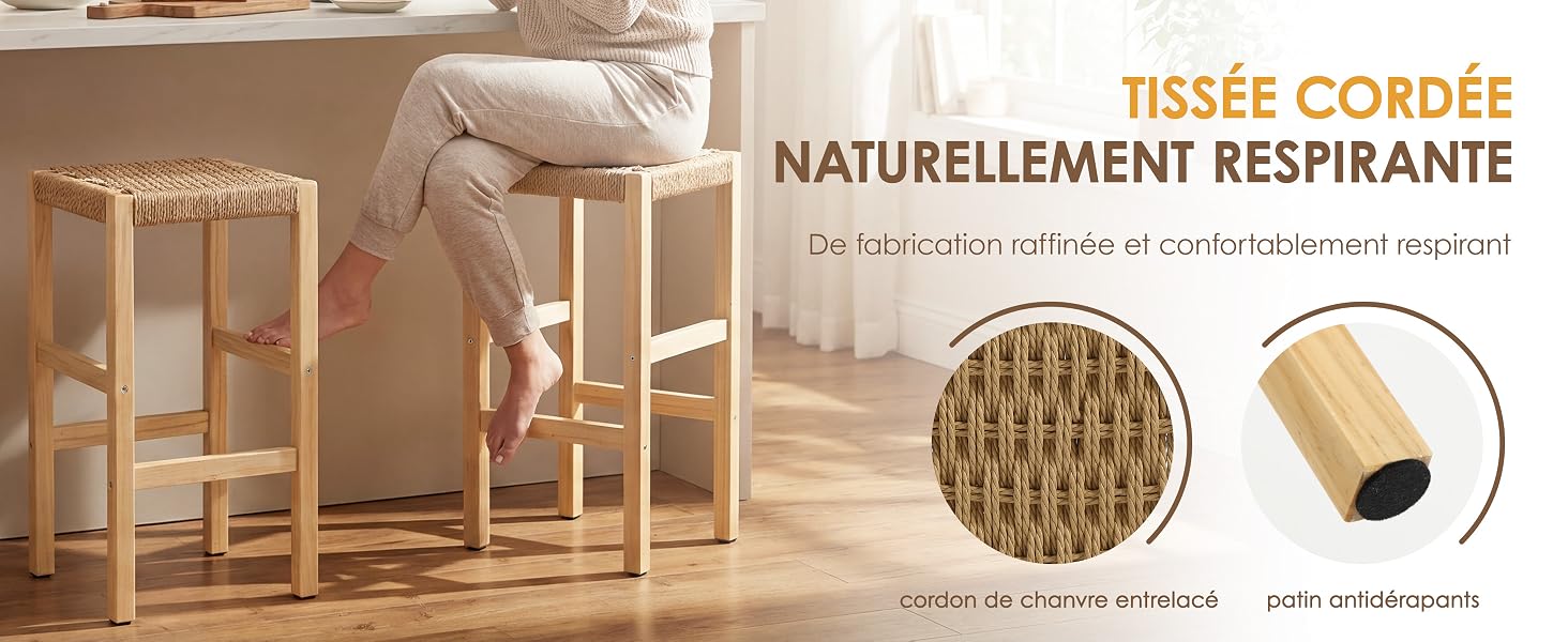 Le texte se lit comme suit : « TISSÉE CORDÉE NATURELLEMENT RESPIRANTE ». La démonstration du produit montre un purificateur d'air cylindrique blanc avec des gros plans détaillés de l'extérieur enveloppé d'un cordon et des étapes d'installation.