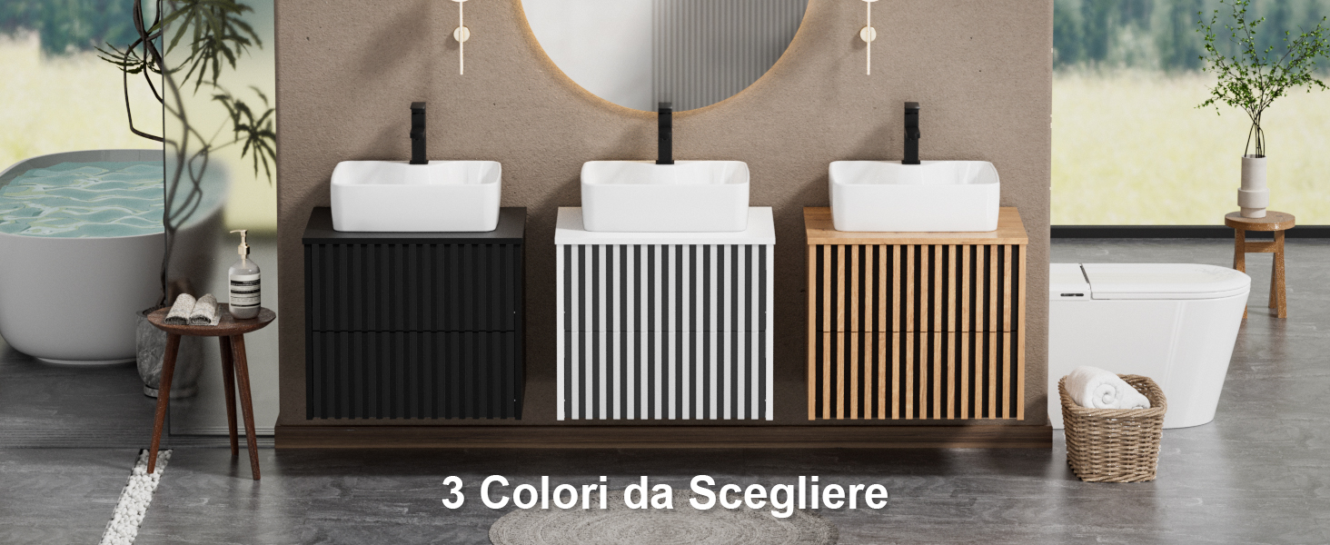 Il testo recita «3 Colori da Scegliere». Tre moderni riscaldatori o purificatori d'aria decorativi mostrati in nero, bianco e finitura in legno nell'ambiente del bagno.