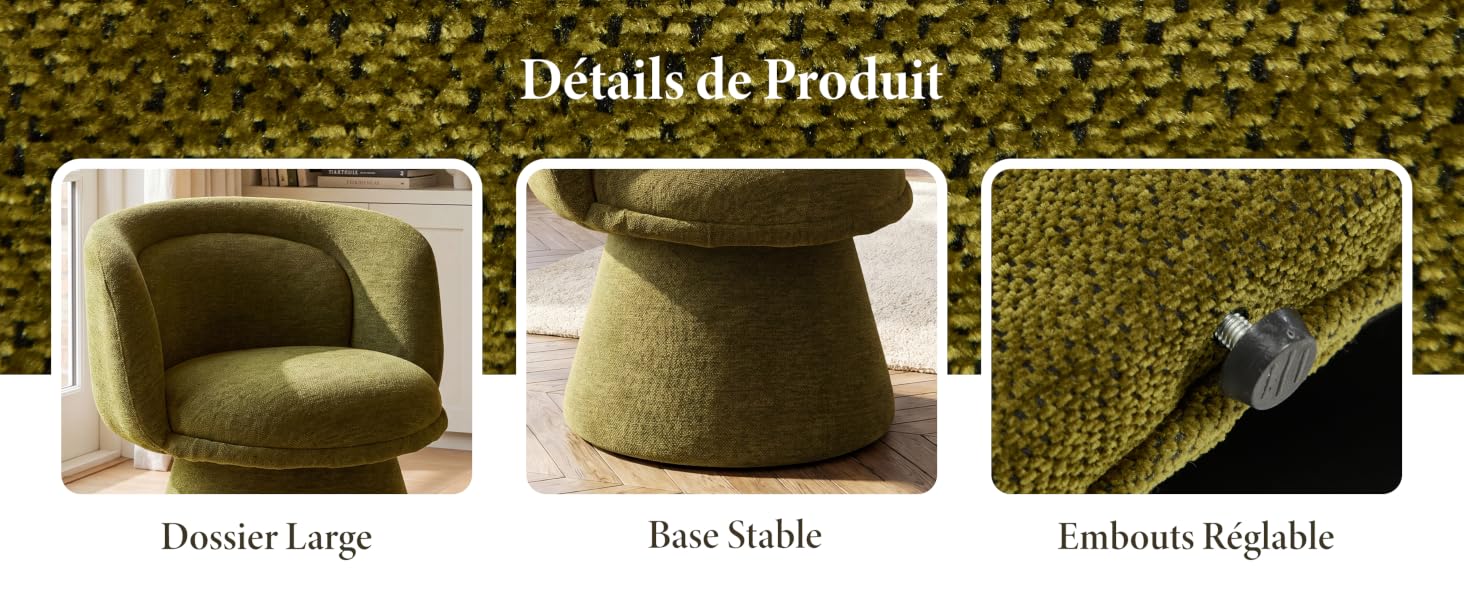 Le texte indique « Détails et emballage » avec trois variantes de produit affichées : « Insured Large », « New Stable » et « Cushion Repairs » montrant différents articles recouverts de tissu vert olive.