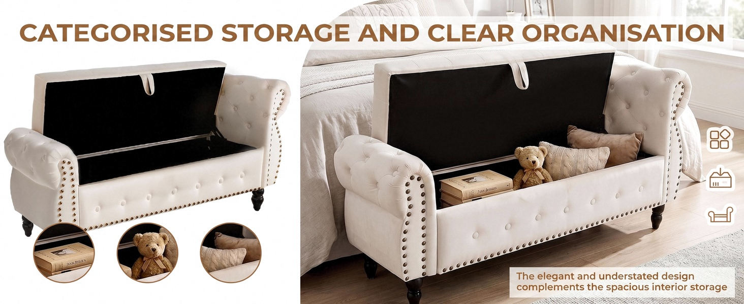 Text reads 'CATEGORISED STORAGE AND CLEAR ORGANISATION'. Cream upholstered storage bench with black hinged top, nailhead trim, and interior compartment. Three detail circles show storage organization features.
