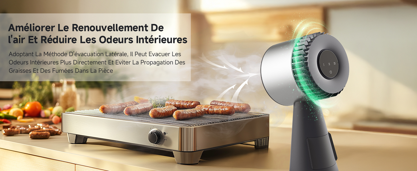 Appareil de nettoyage portatif à tête de brosse ronde représenté à côté d'un gril électrique avec des aliments en train de cuire à sa surface.