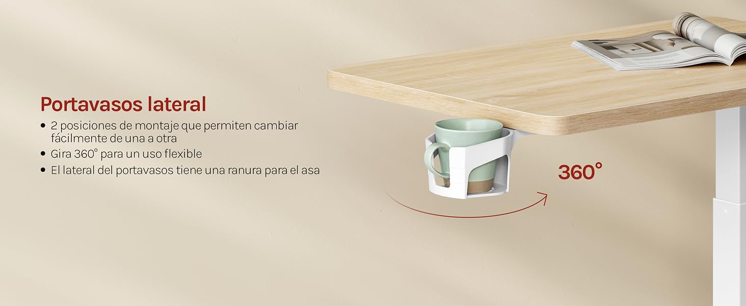 El texto dice «Portavassos lateral» y «360°». Mesa de madera de color beige con un pequeño recipiente cilíndrico y la marca del producto visible.