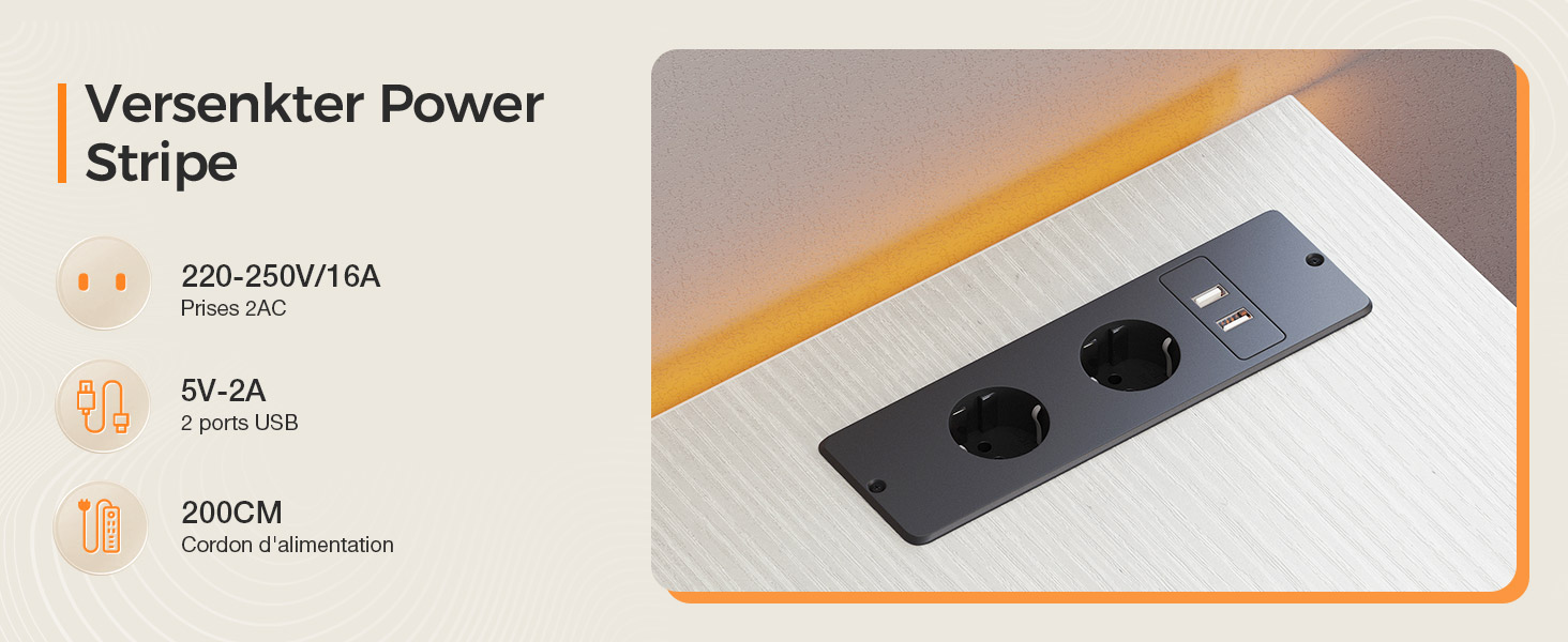 Steckdosenleiste mit dem Text „Versenkter Power Strip“. Verfügt über eine Nennleistung von 220—250 V/16 A, 2 USB-Anschlüsse und eine Kabellänge von 200 cm