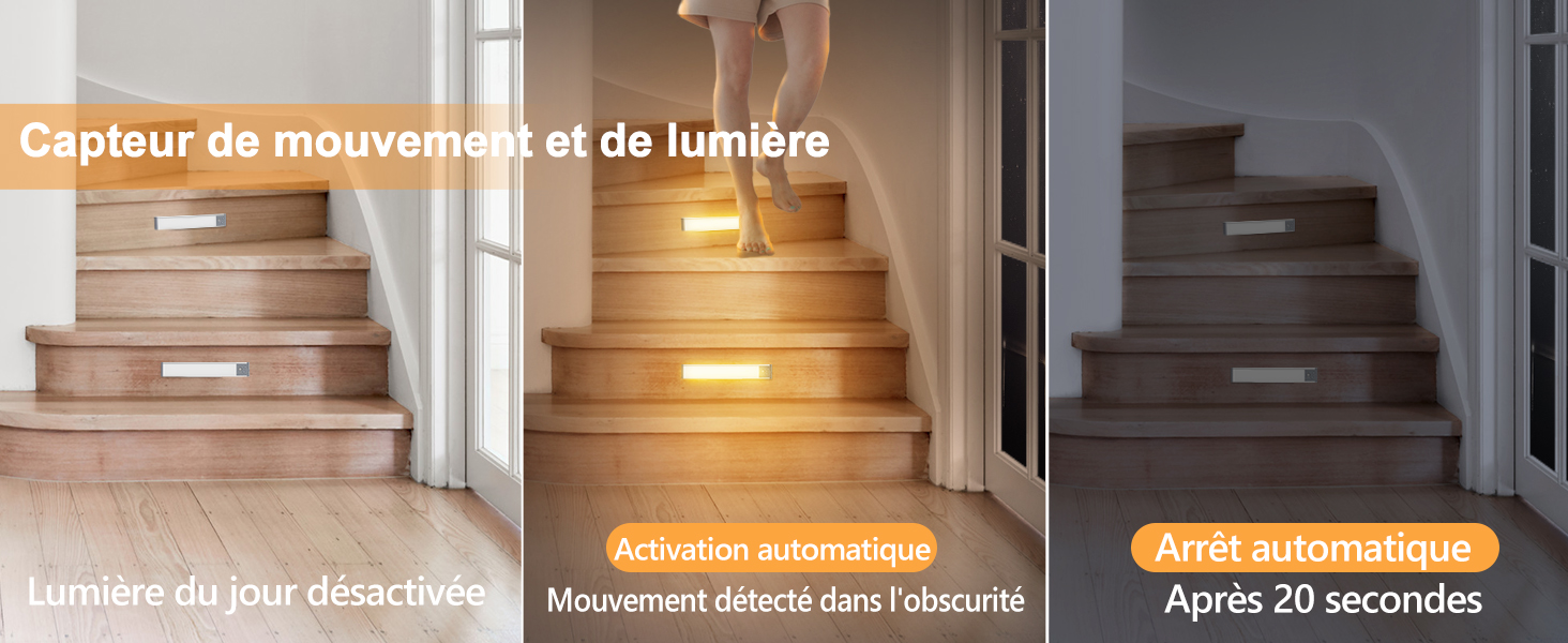 Image à trois panneaux illustrant l' éclairage des escaliers avec détecteur de mouvement et de lumière. Indique l' activation dans l' obscurité et l' arrêt automatique après 20 secondes