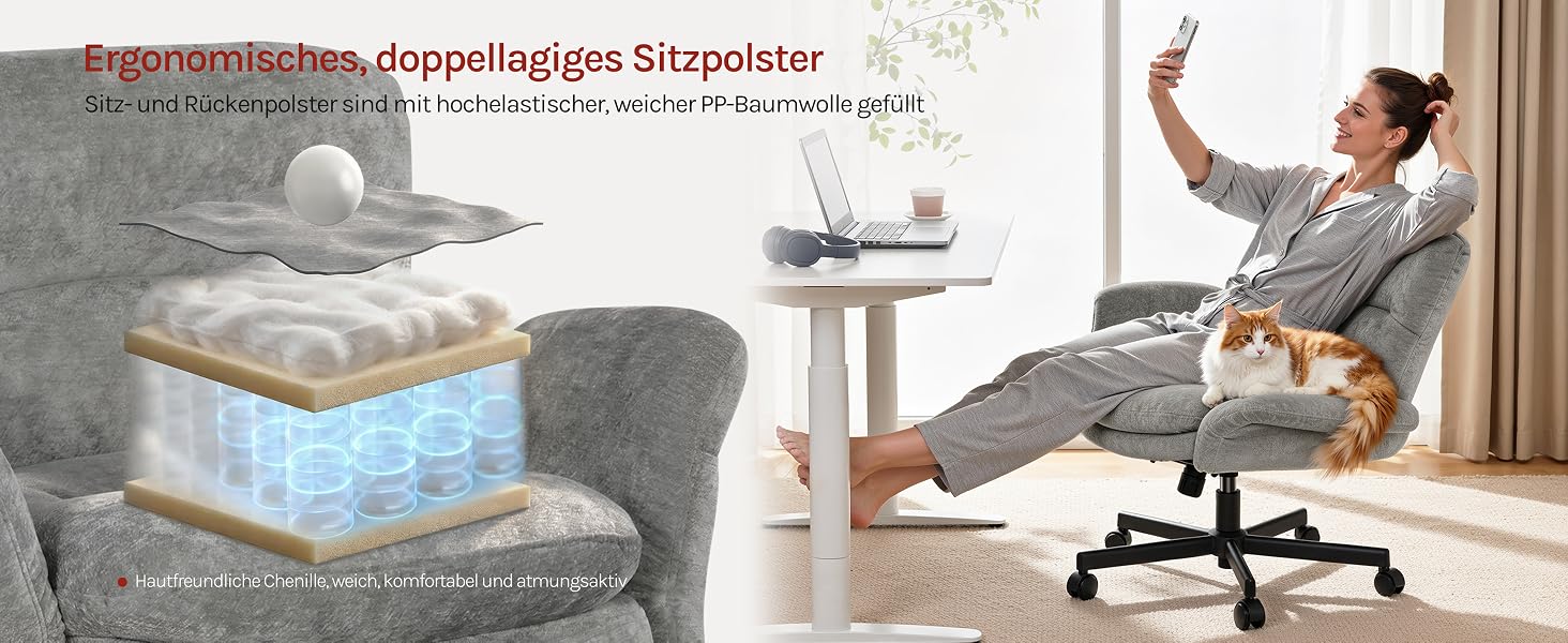 Der Text lautet „Ergonomisches doppelgeliges Sitzpolster“. Mehrere Bilder zeigen einen ergonomischen Bürostuhl mit gepolstertem Sitz in verschiedenen Positionen und Verwendungsmöglichkeiten.