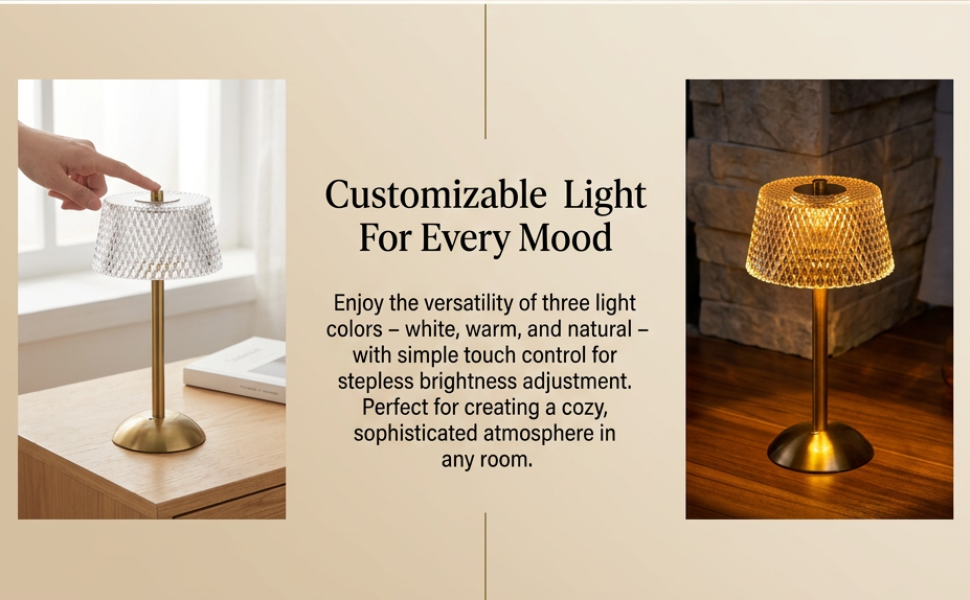 Le texte indique « Une lumière personnalisable pour chaque ambiance » et « Profitez de la polyvalence de ces lampes de table à lumière réglable équipées d'une simple commande tactile pour régler la luminosité. Parfait pour lire un livre, travailler ou simplement se détendre dans n'importe quelle pièce. » Lampe de table en laiton aux tons chauds avec commandes tactiles, illustrée en deux vues.