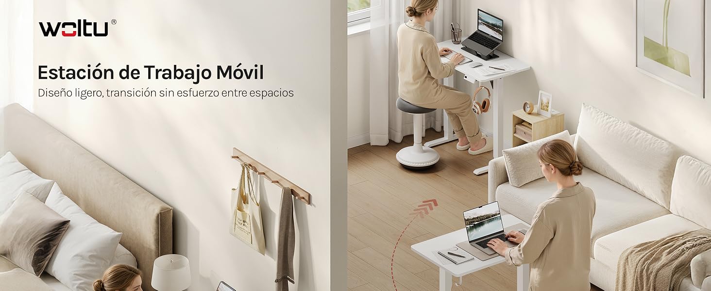 El texto dice «woilu». Varios paneles muestran un soporte ajustable para dispositivos montado en la pared que se puede usar con varios dispositivos en diferentes ambientes de la habitación.