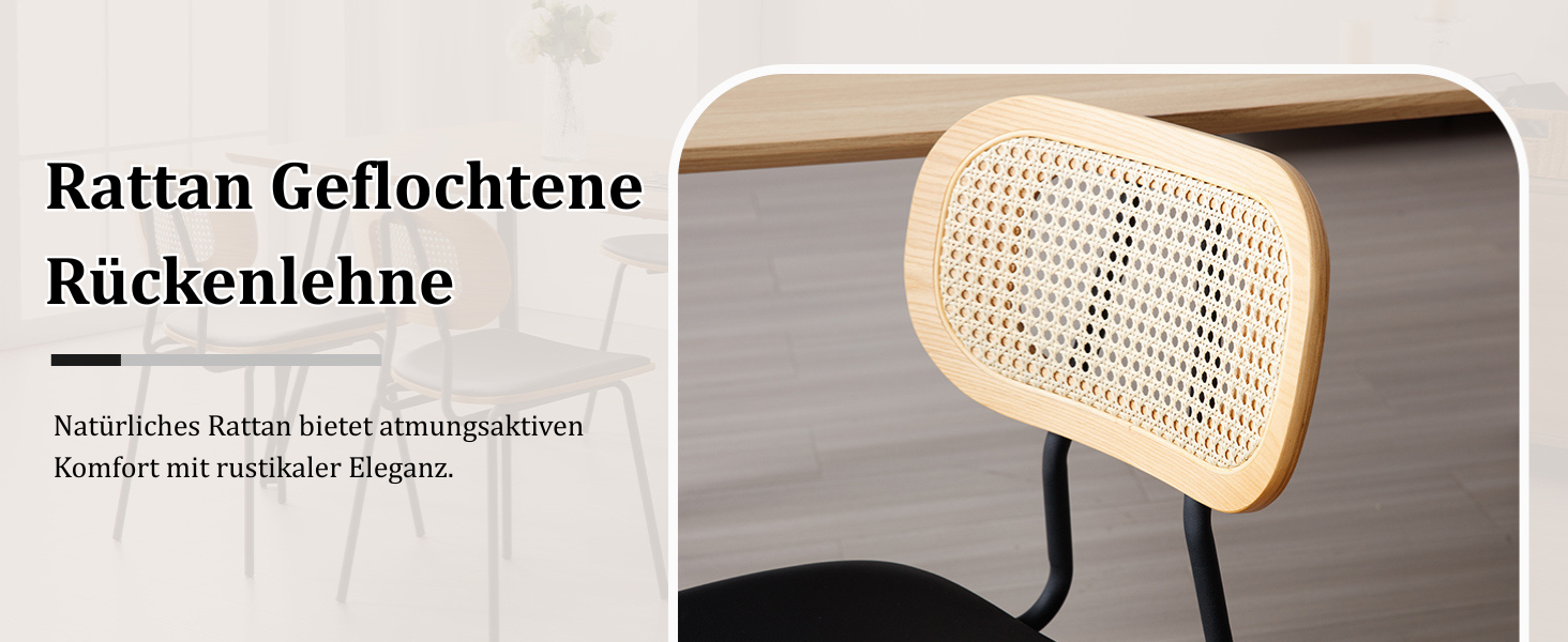 Der Text lautet „Bild 3“ und „Rattan Geflochtene Rückenlehne“. Nahaufnahme einer gewebten Rattan-Stuhllehne mit Rohrgewebemuster.