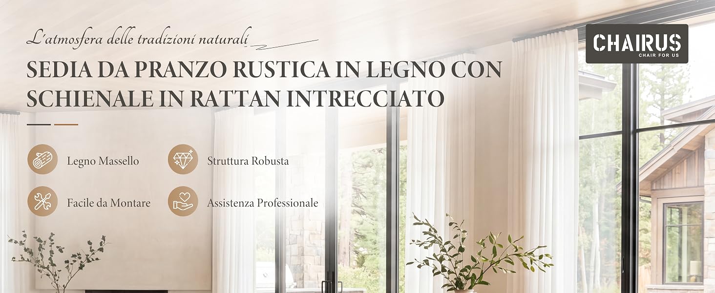 Il testo recita 'SLITTA DA PRANZO RUSTICA IN LEGNO CON SCHIENALE IN RATTAN INTRECCIATO' e 'CARATTERI'. Sedie da pranzo imbottite beige e crema con schienale in rattan intrecciato, esposte in ambienti interni con luce naturale.