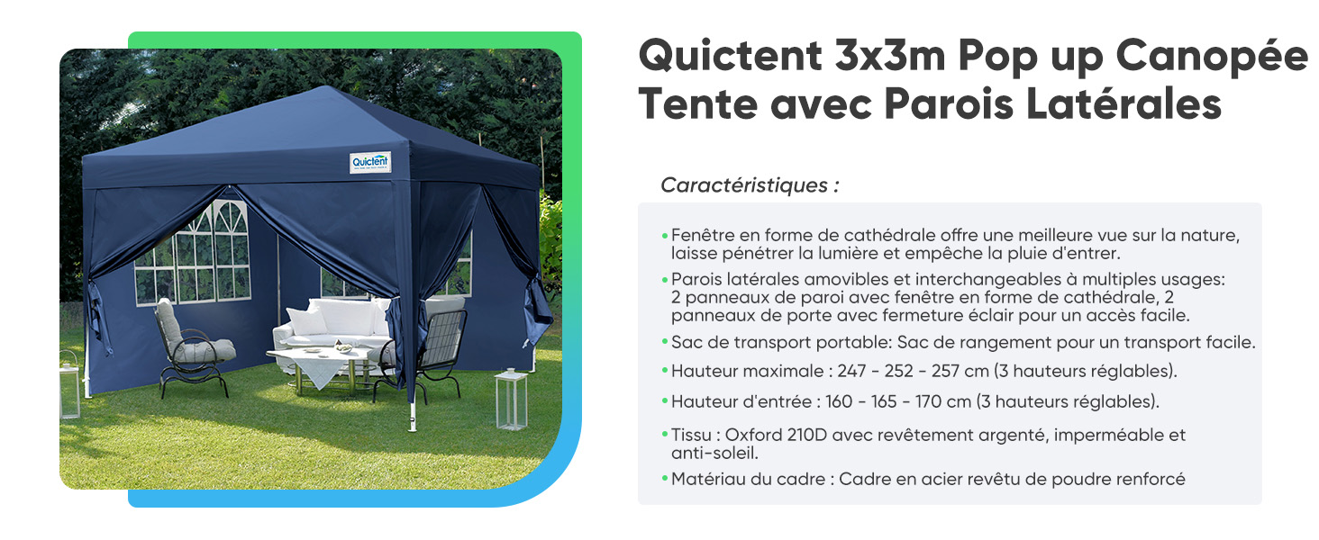 Le texte se lit comme suit : « Tente à baldaquin escamotable Quickent de 3 x 3 m avec parois latérales ». Spécifications du produit et images montrant une tente extérieure verte à baldaquin avec panneaux latéraux.