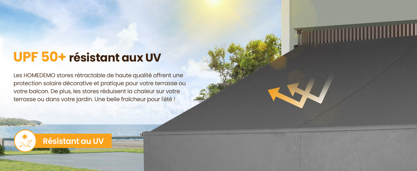 Le texte indique « UPF 50+ résistant aux UV ». Scène extérieure montrant un dispositif de protection solaire avec des indicateurs graphiques résistants aux UV et des flèches directionnelles.
