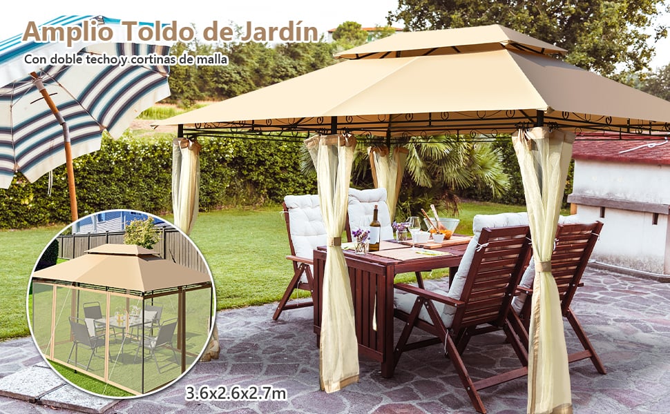 COSTWAY Carpas para Exteriores 4x3m, Cenadores para Jardin con Red  Removible y Dobles Techos， Estructura en