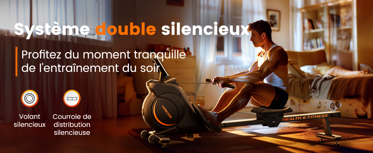 Le texte indique « Système double silencieux » et « Profitez du moment, tranquille du rafraîchissement du soir ». Photo intérieure montrant une pièce faiblement éclairée avec des silhouettes de meubles.
