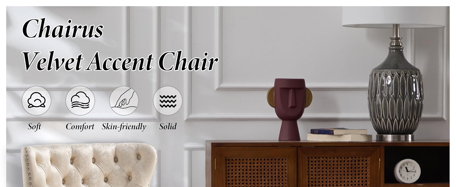 Text reads 'Tufted Buttons' and 'Thick Cushion'.