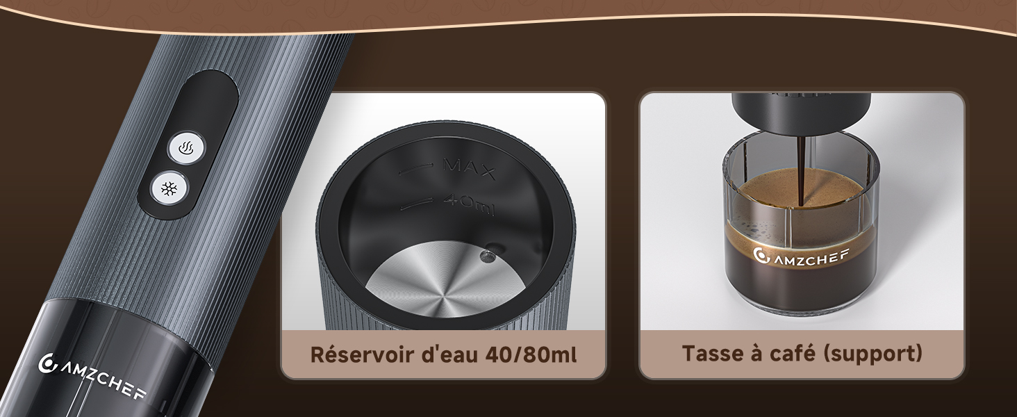 Le texte indique « Réservoir d'eau 40/80 ml » et « Tasse à café (support) ». Montre trois panneaux présentant des parties de ce qui semble être un système de cafetière.
