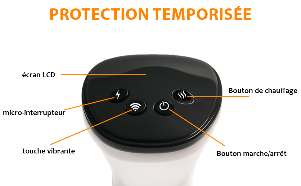 Le texte se lit comme suit : « PROTECTION TEMPORISÉE ». Schéma technique du produit montrant les composants étiquetés, notamment « écran LCD », « touche vibrante » et autres fonctionnalités de commande.