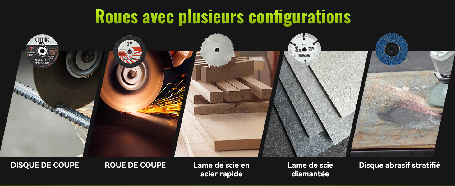 Le texte indique « Roues avec plusieurs configurations ». Collection d'images de lames de scie circulaire montrant différentes configurations et applications de coupe.