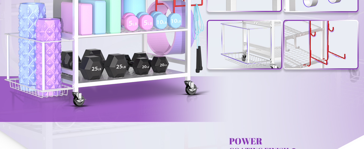 Ablagefach für Fitnessgeräte mit Rädern Enthält sechseckige Hanteln, bunte Gymnastikbälle und durchsichtige Aufbewahrungsbehälter. Illustrierte Diagramme zeigen die Abmessungen des Behälters