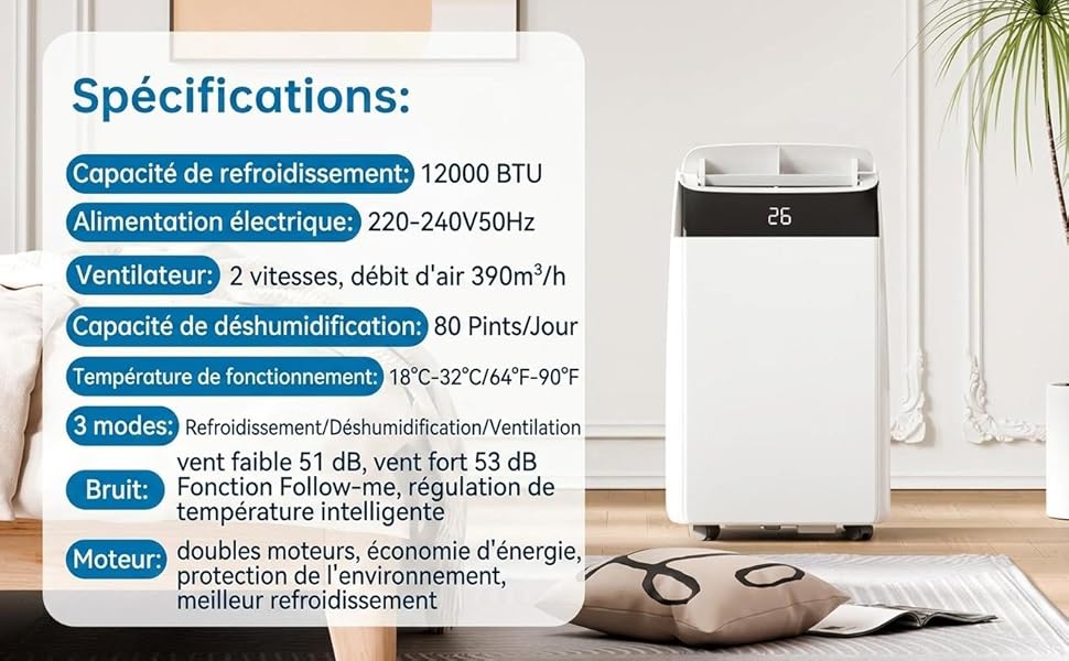 Le texte se lit comme suit : « Spécifications : » suivi de plusieurs points, notamment « Puissance nominale : 2000 à 8 000 W », « Spécifications de connexion : 220-240 V/50 », « Humidification : 2 litres, très faible consommation », « Humidificateur de deshumidification : 10 g/heure », « Minuterie : 5 à 60 min », « Bruit : pas moins de 25 dB » et spécifications supplémentaires. Dispositif d'humidification blanc illustré contre le mur intérieur avec plante.