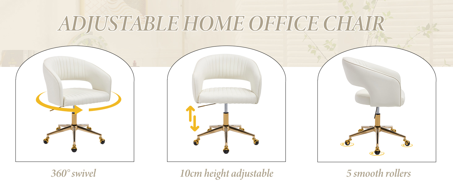 Text reads 'ADJUSTABLE OFFICE CHAIR'. Technical diagram showing three views of office chair adjustability features, including tilt and height settings.