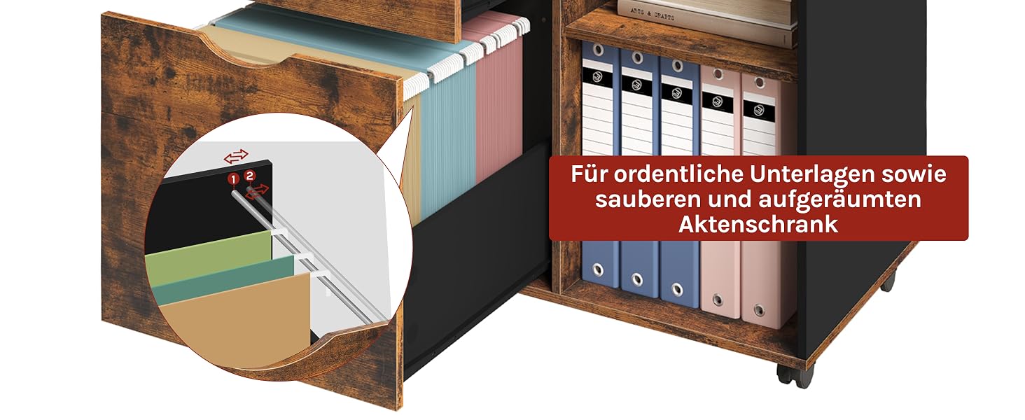 Verschiebbares Aktenablagesystem mit Dokumentenordnern auf Schienen, mit Nahaufnahme des Montagemechanismus und des Schienensystems