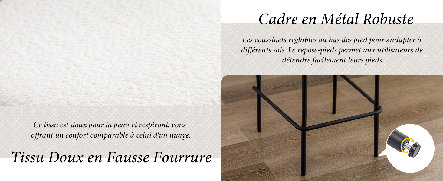 avec structure en métal et coussin en fausse fourrure. Comprend des pieds réglables pour les surfaces inégales et un tissu doux pour plus de confort. L'image composite montre le cadre, le coussin et les détails du pied réglable.