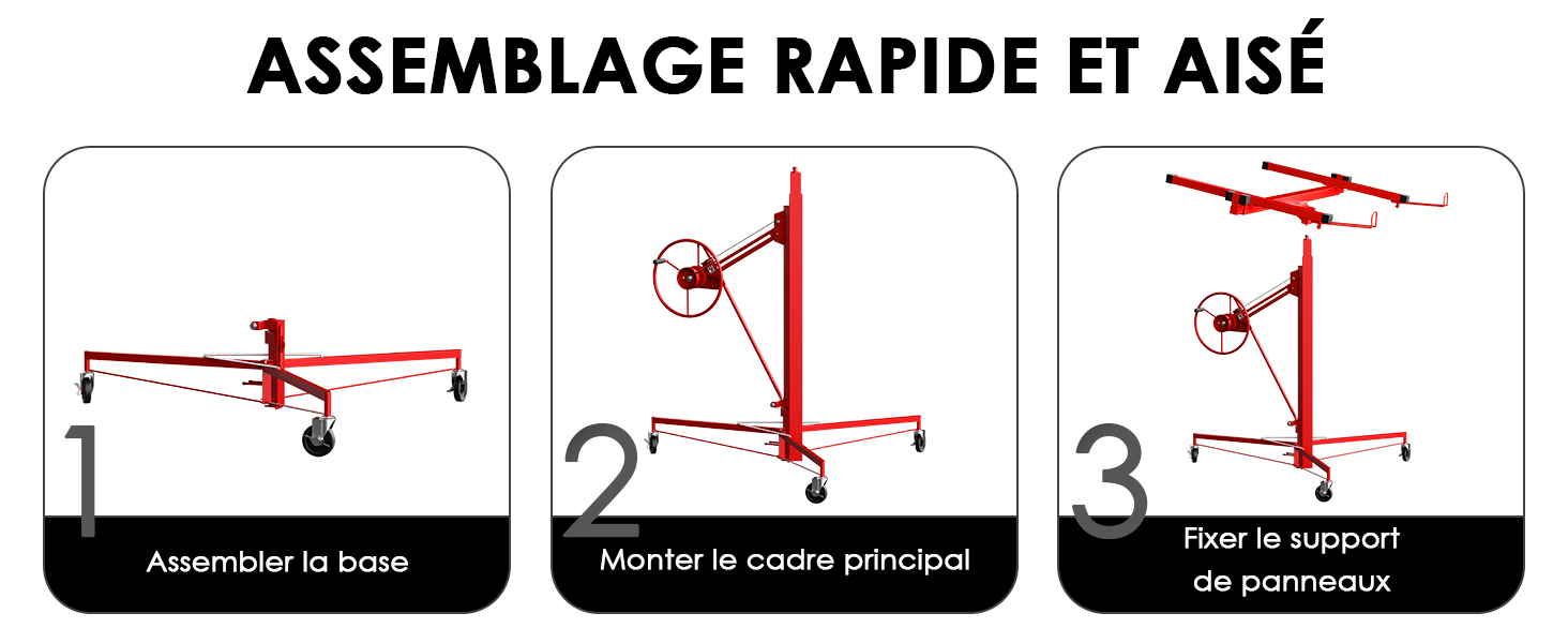 Le texte se lit comme suit : « ASSEMBLAGE RAPIDE ET AISÉ ». Schéma d'instructions de montage montrant les trois étapes de montage d'une structure à ossature métallique rouge avec des séquences numérotées.