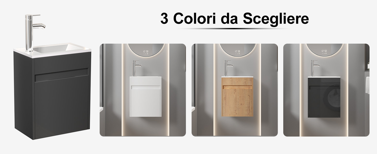 Il testo recita «3 Colori da Scegliere». Immagine a quattro pannelli che mostra il mobile da bagno in diverse finiture: grigio scuro, grigio chiaro, tonalità del legno e nero.