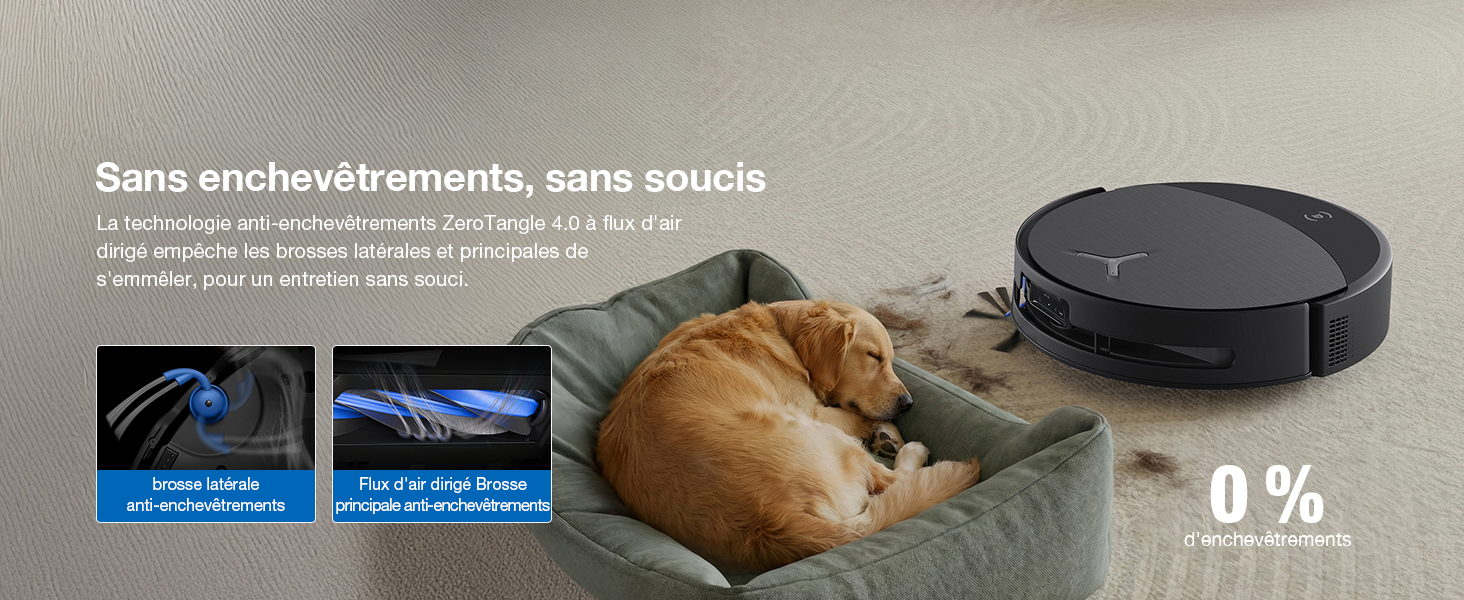 Le texte indique « 0 % ». L'image du produit semble être un aspirateur robot présenté sous plusieurs angles sur un fond gris.