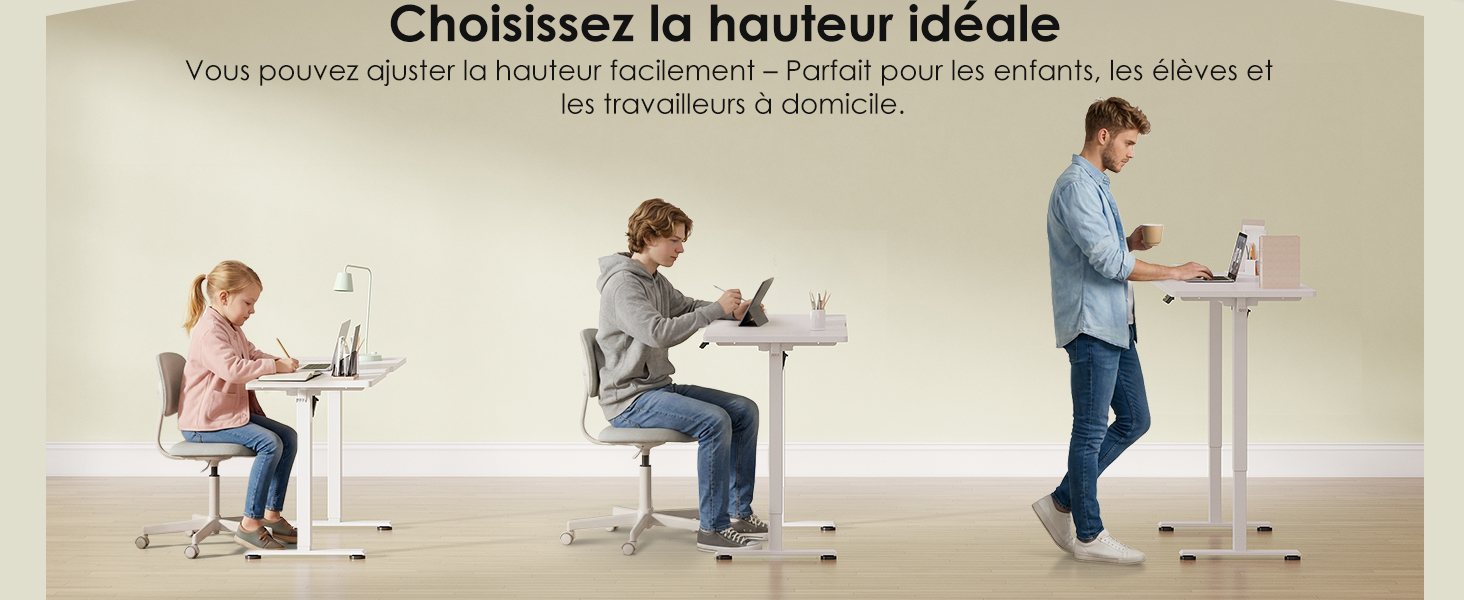 Le texte se lit comme suit : « Choisissez la hauteur idéale ». Illustration montrant différentes positions assises à un bureau, illustrant les réglages ergonomiques de la hauteur.