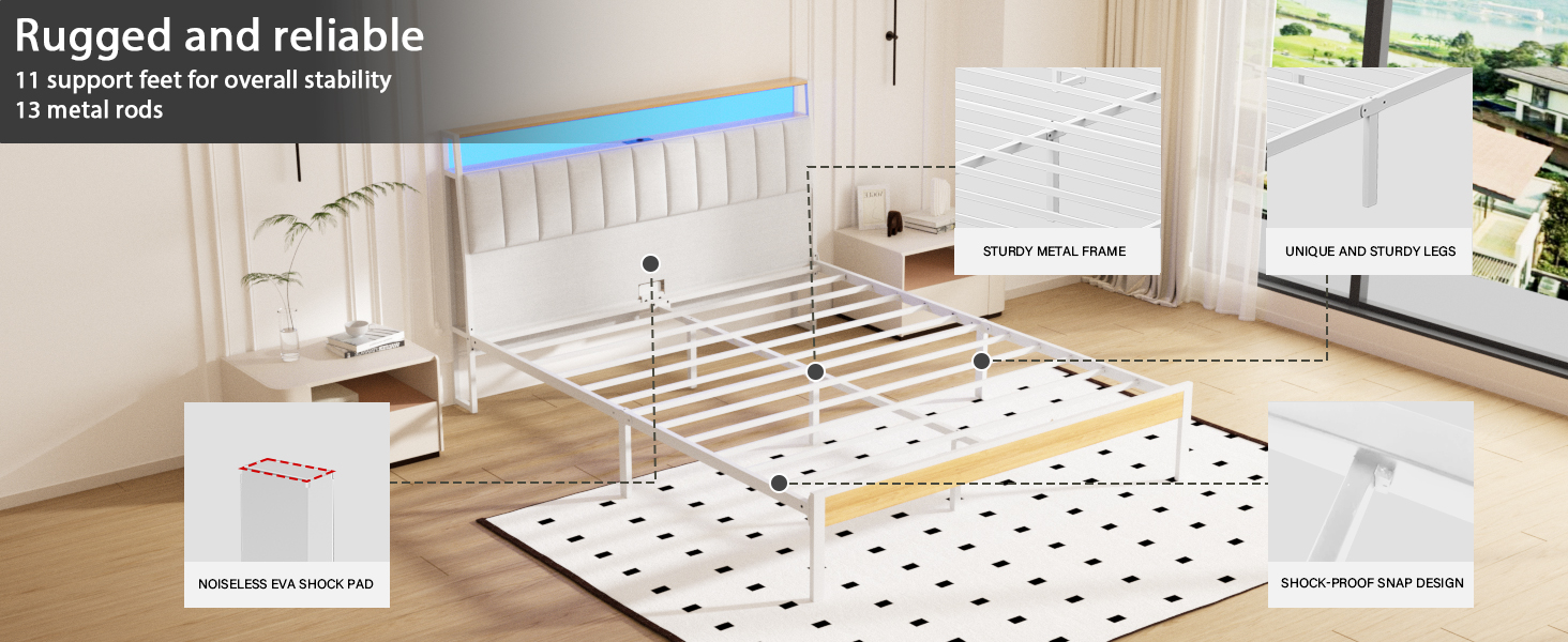 Le texte indique « Robuste et fiable ». Séquence montrant l'installation du plancher ou le processus de mesure avec des quadrillages en pointillés sur un plancher en bois clair.