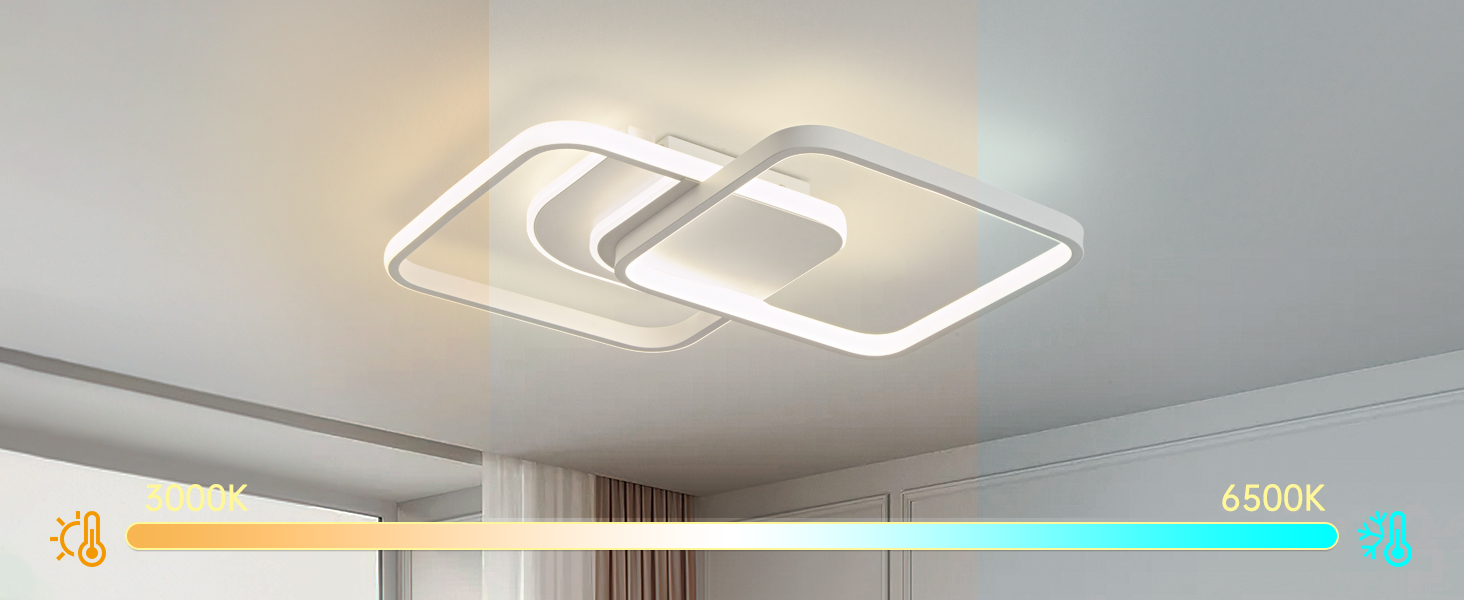 Moderne Deckenleuchte mit geometrischem Design, die Funktionen zur Helligkeitssteuerung bietet. Unten im Bild ist ein Schieberegler für Temperatur und Wärme sichtbar.