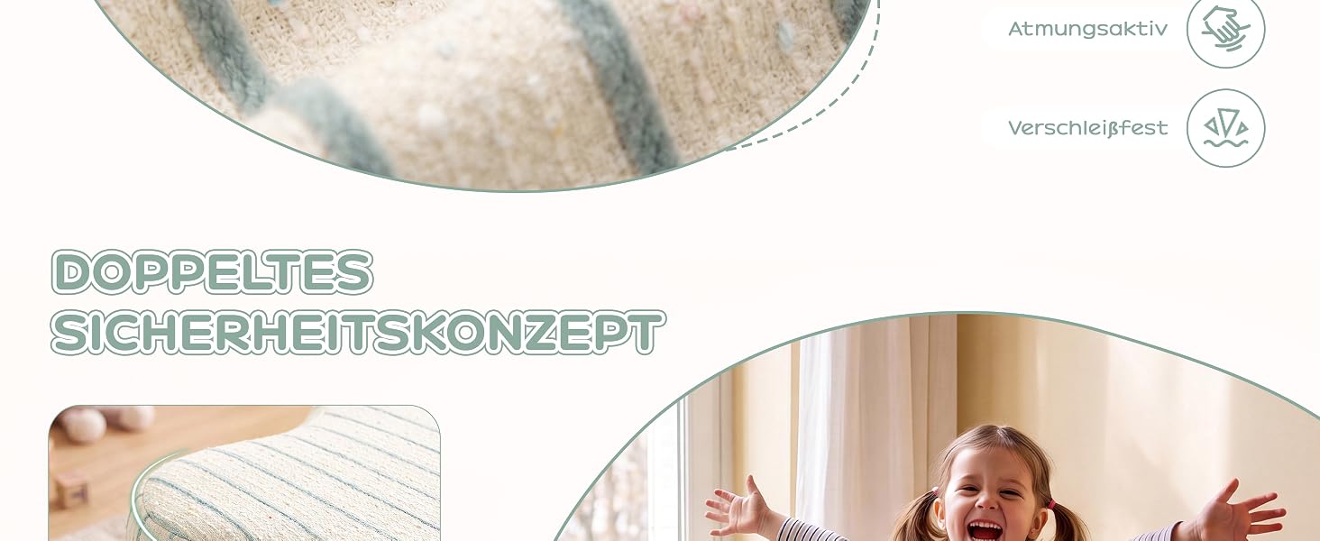 Der Text lautet „DOPPELTES SICHERHEITSKONZEPT“. Das Kompositbild zeigt eine Nahaufnahme der texturierten Stoffoberfläche, ein Kind in einer sicheren häuslichen Umgebung und Symbole für Sicherheitsmerkmale, die auf ein duales Sicherheitskonzept für das Hausschutzsystem hinweisen.
