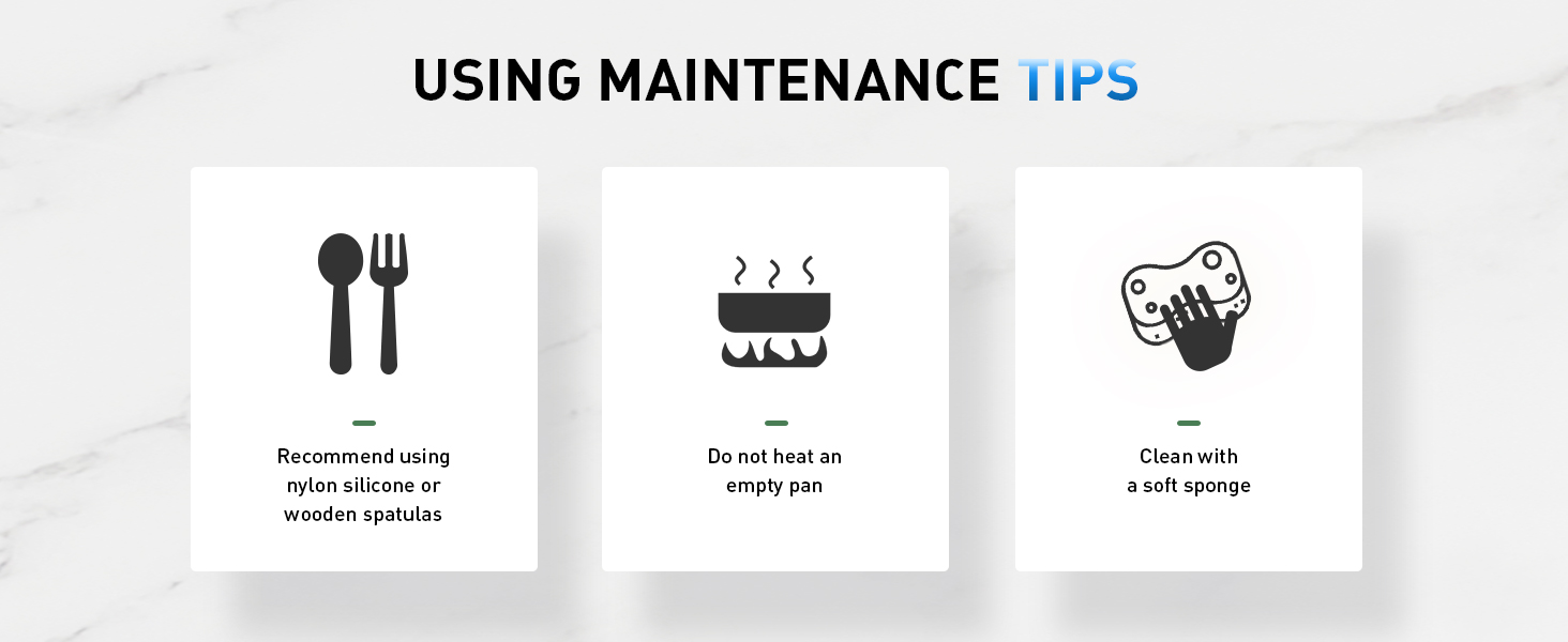 Three maintenance instruction icons on white marble background showing usage tips with simple pictograms and text.