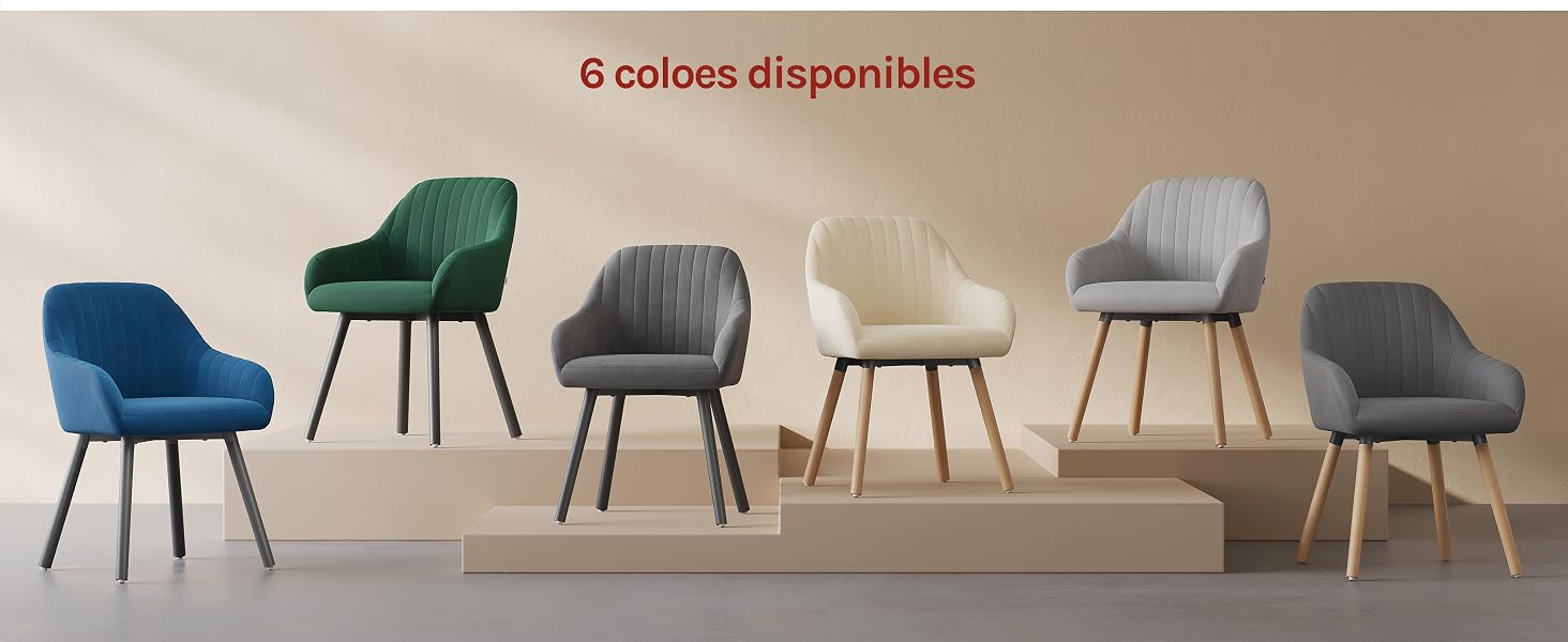 El texto dice «6 colores disponibles». Seis sillas decorativas tapizadas en fila muestran las opciones de color disponibles: verde oscuro, azul marino, gris, beige, gris claro y carbón, cada una con patas de metal.