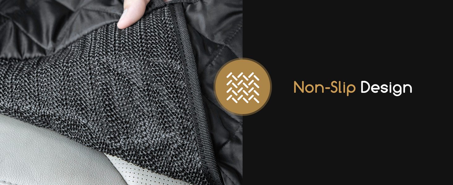 Close-up of a textured dark gray knit fabric material with text highlighting its non-slip design feature.