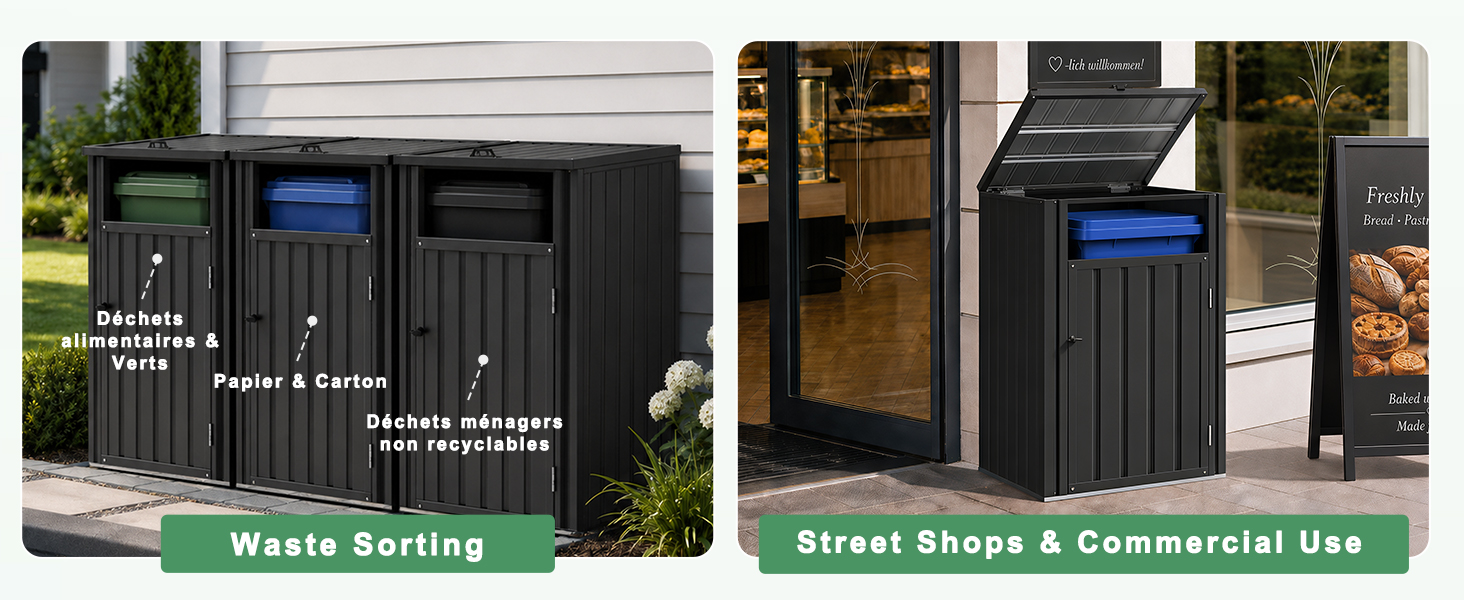 Text reads 'Waste Sorting' and 'Street Shape &amp; Commercial Use'. Two views of black metal trash/recycling bin with blue accent panel and decorative signage.
