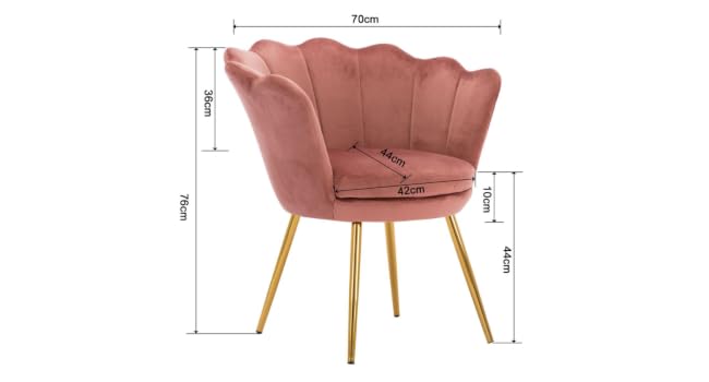 en velours rose avec dossier festonné et pieds en métal doré. Dimensions indiquées : 70 cm de large, 46 cm de profondeur d'assise, 75 cm de profondeur totale, 44 cm de hauteur d'assise, 76 cm de hauteur