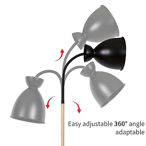 Einstellbare Lampe mit drei beweglichen Schirmen auf einem Holzsockel. Der Text weist auf eine 360-Grad-Winkelanpassbarkeit für vielseitige Beleuchtungsoptionen