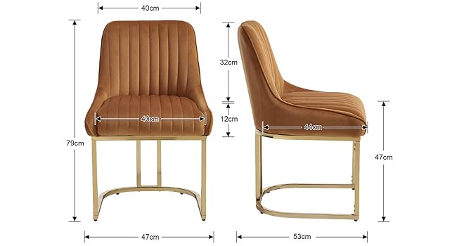 Technical diagram showing dimensions and multiple views of a modern tan leather accent chair with curved back and gold-toned metal frame.