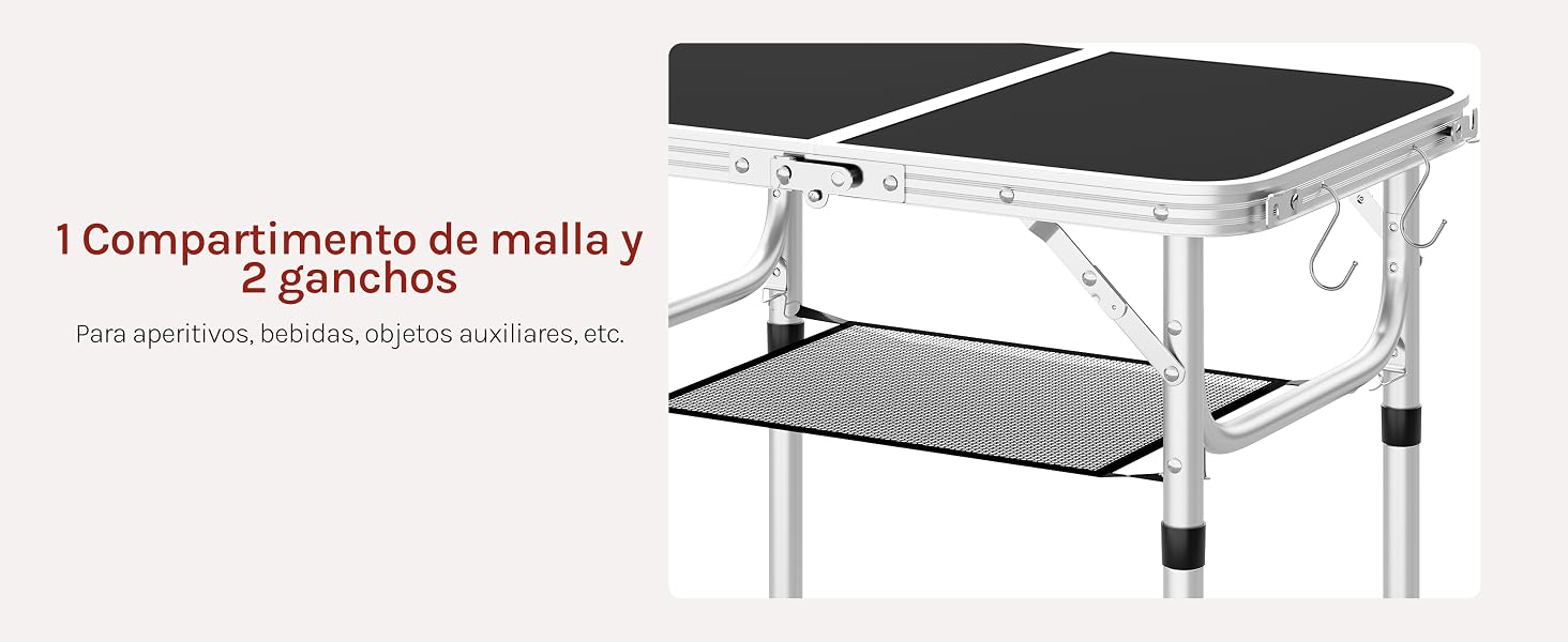El texto dice «1 Compartimiento de malla y 2 ganchos». Diagrama técnico de lo que parece ser un sistema de almacenamiento u organización con compartimentos de malla y ganchos.