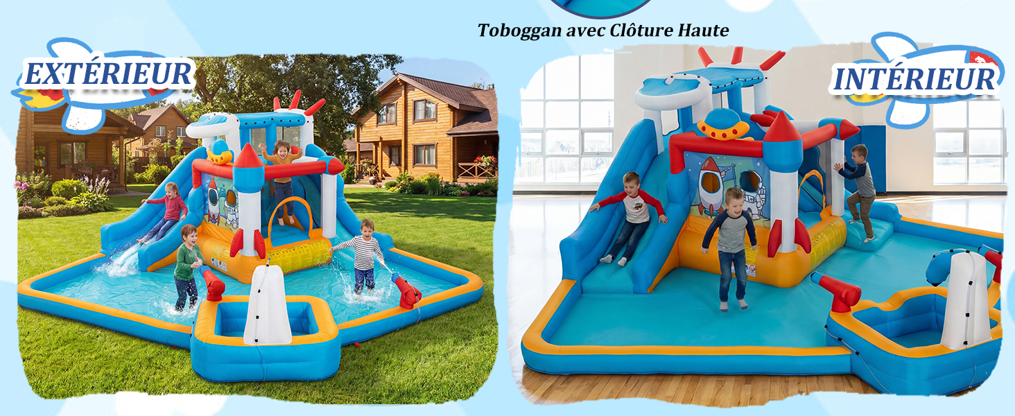 Le texte indique « EXTÉRIEUR » et « INTÉRIEUR ». Image divisée montrant les versions intérieures et extérieures d'une structure de jeu aquatique gonflable bleue avec toboggans et éléments d'escalade.
