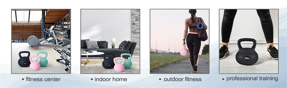 Image à quatre panneaux montrant des kettlebells dans divers environnements : centre de remise en forme, salle de sport à domicile, espace d'entraînement extérieur et environnement d'entraînement professionnel