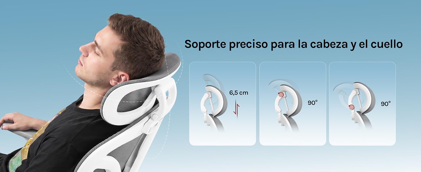 El texto dice «Soporte práctico para la cabeza y el cuello». El hombre que lleva una almohada blanca para el cuello se muestra de perfil con tres vistas del mecanismo de ajuste.