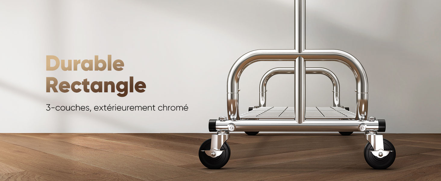 Le texte indique « Rectangle durable ». Chariot roulant chromé et noir à plusieurs niveaux représentés sous différents angles, avec roues verrouillables.