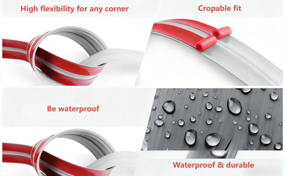 Text reads 'High flexibility for any corner', 'Cropable fit', 'Be waterproof', 'Waterproof &amp; durable'. Product demonstration showing flexible red and white strip with water resistance.