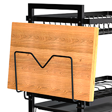 Schneidebrett- oder Plattenhalter aus Holz mit schwarzem Metallrahmen und V-förmiger Nut.