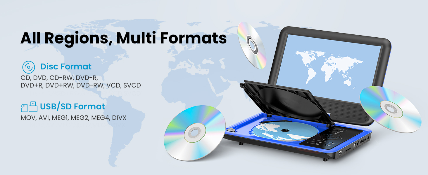 All-Region portable DVD player that plays DVDs from any country, ideal for home and on-the-go use