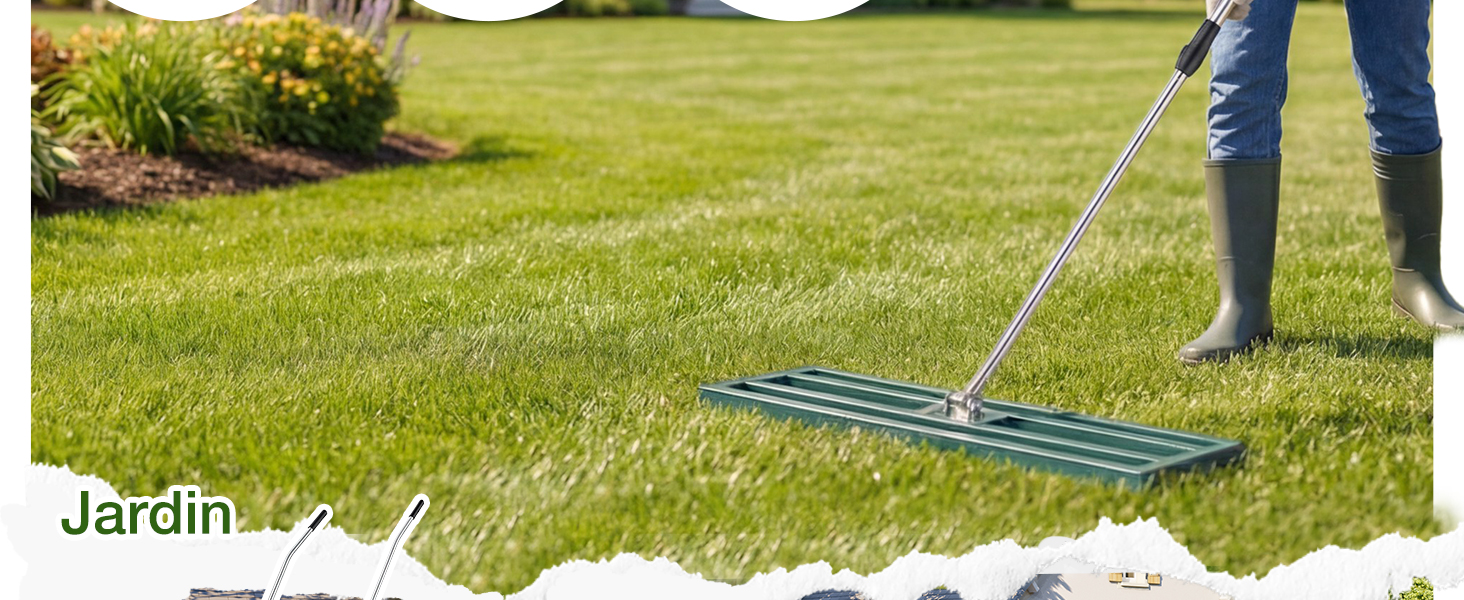 Le texte indique « Jardin ». La vaste pelouse est entretenue à l'aide d'un grand outil à gazon de type balai, avec des parterres de fleurs visibles en arrière-plan.
