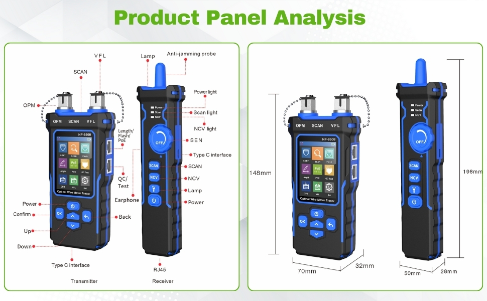 avec écran tactile et plusieurs ports. Les fonctionnalités incluent un wattmètre optique, des interfaces VFL et RJ45/11. Appareil montré de face et de côté avec les dimensions indiquées.